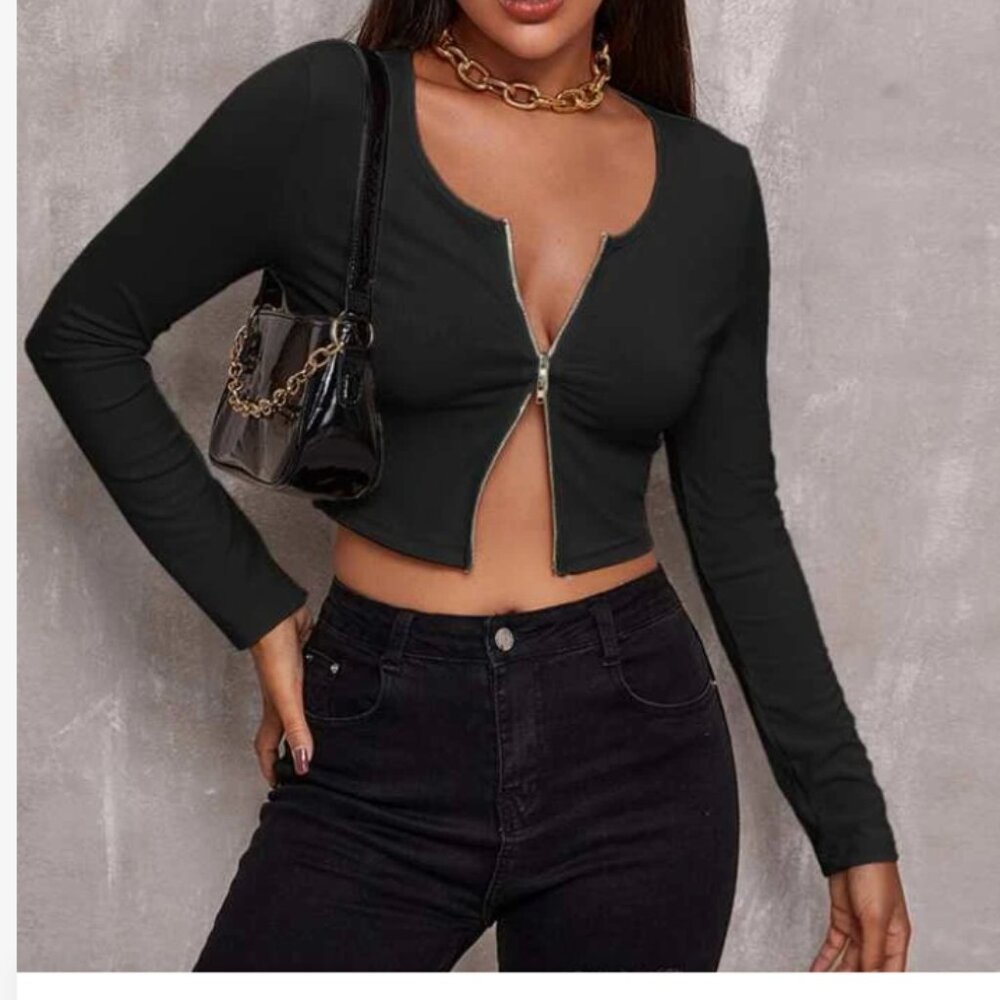 Zip Up Rib-Knit Crop Top